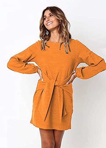 ParGrace Elegant Long Lantern Sleeve Short Dress Crewneck Tie Waist Knit Cocktail Dress