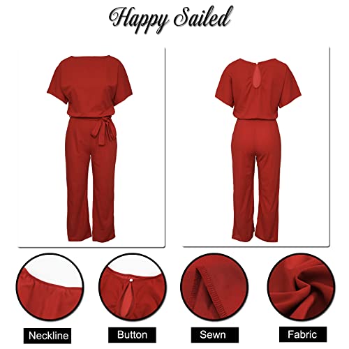 JCSS Women Casual Loose Short Sleeve Belted Wide Leg Pant Romper Jumpsuits