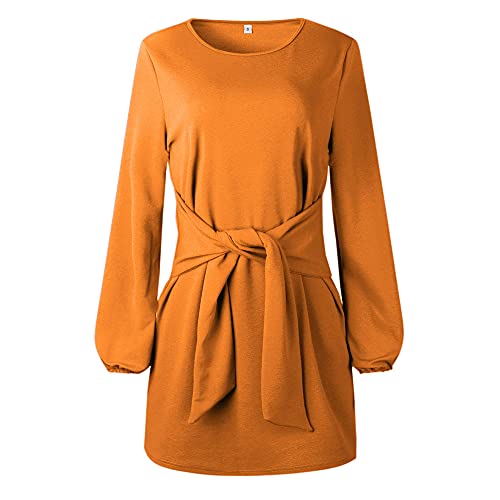 ParGrace Elegant Long Lantern Sleeve Short Dress Crewneck Tie Waist Knit Cocktail Dress