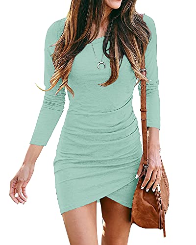 ParGrace Ruched Elegant Bodycon Long Sleeve Wrap Front Solid Color