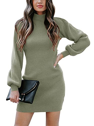 JCSS Women High Neck Long Sleeve Casual Knit Sweater Bodycon Dress for Winter A145kaqi-L Apricot