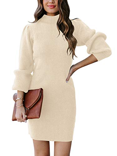 JCSS Women High Neck Long Sleeve Casual Knit Sweater Bodycon Dress for Winter A145kaqi-L Apricot