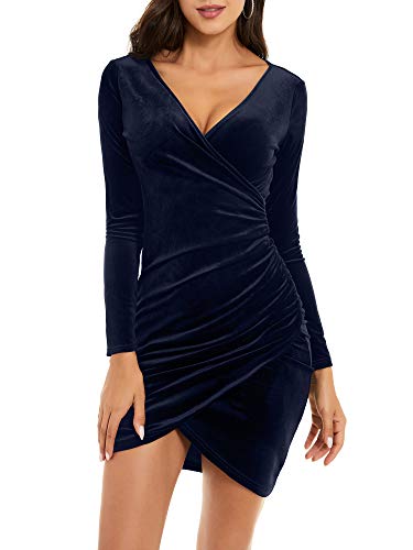 JCSS Womens Faux Wrap V Neck Mini Dress Long Sleeve Velvet Sexy Ruched Bodycon Dress