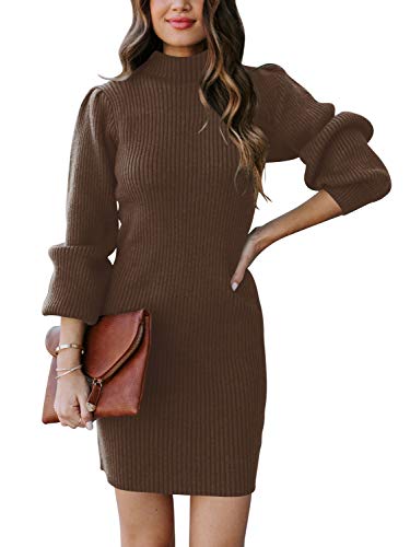 JCSS Women High Neck Long Sleeve Casual Knit Sweater Bodycon Dress for Winter A145kaqi-L Apricot