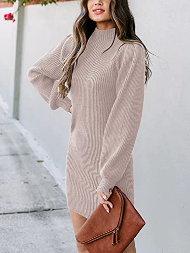 JCSS Women High Neck Long Sleeve Casual Knit Sweater Bodycon Dress for Winter A145kaqi-L Apricot