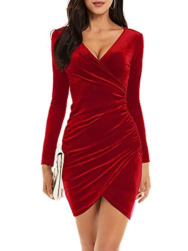 JCSS Womens Faux Wrap V Neck Mini Dress Long Sleeve Velvet Sexy Ruched Bodycon Dress