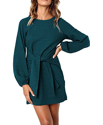 ParGrace Elegant Long Lantern Sleeve Short Dress Crewneck Tie Waist Knit Cocktail Dress