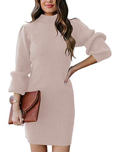 JCSS Women High Neck Long Sleeve Casual Knit Sweater Bodycon Dress for Winter A145kaqi-L Apricot