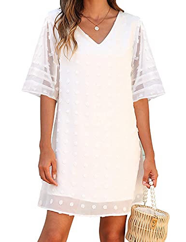 JCSS Blooming Jelly Womens White Dresses Short Sleeve V Neck Ruffle Cute Sun Dress Chiffon Flowy Shift Mini Dresses