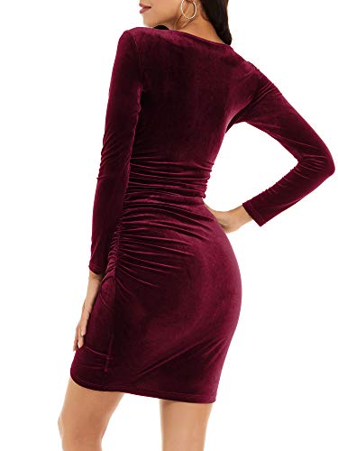 JCSS Womens Faux Wrap V Neck Mini Dress Long Sleeve Velvet Sexy Ruched Bodycon Dress
