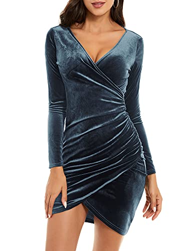 JCSS Womens Faux Wrap V Neck Mini Dress Long Sleeve Velvet Sexy Ruched Bodycon Dress