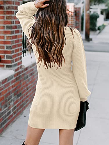 JCSS Women High Neck Long Sleeve Casual Knit Sweater Bodycon Dress for Winter A145kaqi-L Apricot