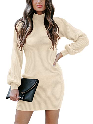 JCSS Women High Neck Long Sleeve Casual Knit Sweater Bodycon Dress for Winter A145kaqi-L Apricot