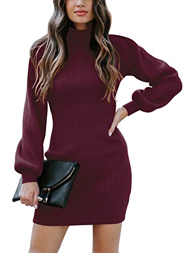 JCSS Women High Neck Long Sleeve Casual Knit Sweater Bodycon Dress for Winter A145kaqi-L Apricot