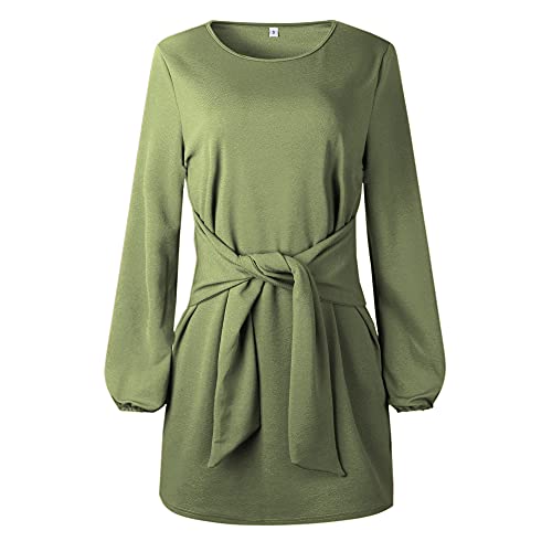 ParGrace Elegant Long Lantern Sleeve Short Dress Crewneck Tie Waist Knit Cocktail Dress