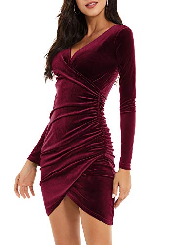 JCSS Womens Faux Wrap V Neck Mini Dress Long Sleeve Velvet Sexy Ruched Bodycon Dress