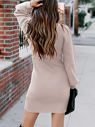 JCSS Women High Neck Long Sleeve Casual Knit Sweater Bodycon Dress for Winter A145kaqi-L Apricot