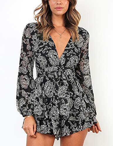 JCSS Jumpsuit Floral Print V Neck Baggy Sleeve Waist Tie Double Layer Ruffle Hem