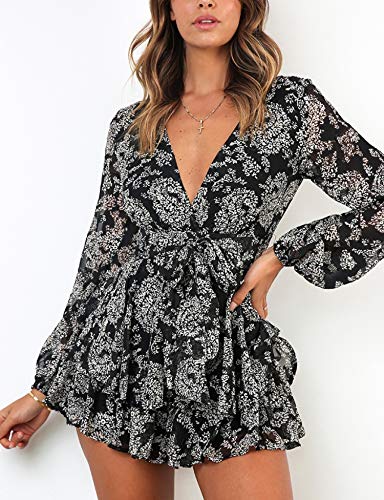 JCSS Jumpsuit Floral Print V Neck Baggy Sleeve Waist Tie Double Layer Ruffle Hem