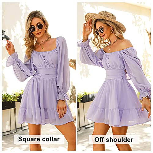 JCSS Women Tie Back Long Lantern Sleeve Square Neck Ruffle Dress Elastic Waist Aline Casual Mini Dress Black