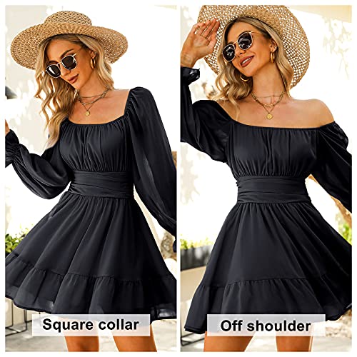 JCSS Women Tie Back Long Lantern Sleeve Square Neck Ruffle Dress Elastic Waist Aline Casual Mini Dress Black