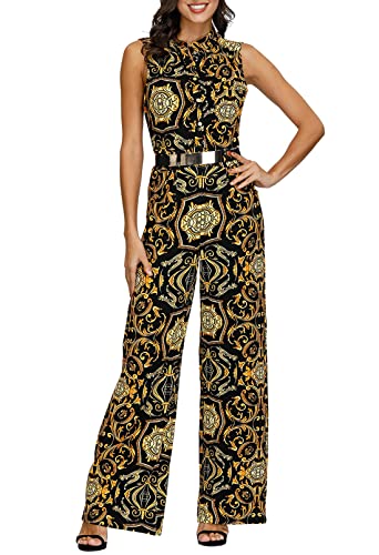 JCSS Pink Queen Womens Geometric Print Sleeveless Loose Long Belted Jumpsuits