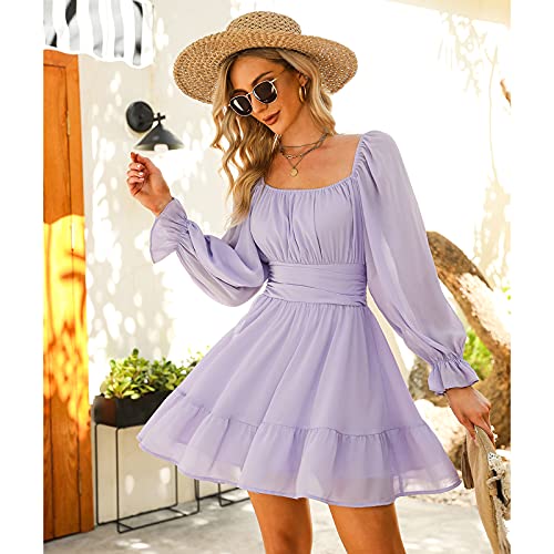 JCSS Women Tie Back Long Lantern Sleeve Square Neck Ruffle Dress Elastic Waist Aline Casual Mini Dress Black