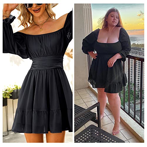 JCSS Women Tie Back Long Lantern Sleeve Square Neck Ruffle Dress Elastic Waist Aline Casual Mini Dress Black