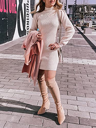 JCSS Women High Neck Long Sleeve Casual Knit Sweater Bodycon Dress for Winter A145kaqi-L Apricot