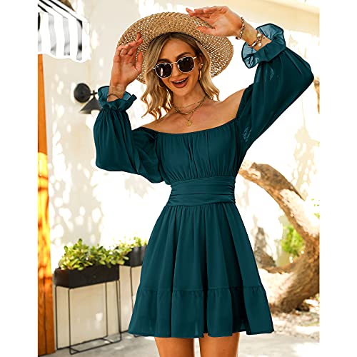 JCSS Women Tie Back Long Lantern Sleeve Square Neck Ruffle Dress Elastic Waist Aline Casual Mini Dress Black