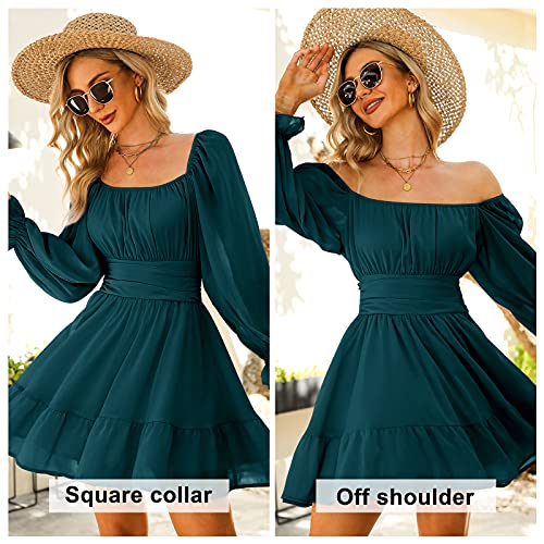 JCSS Women Tie Back Long Lantern Sleeve Square Neck Ruffle Dress Elastic Waist Aline Casual Mini Dress Black