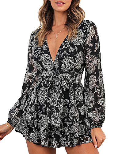 JCSS Jumpsuit Floral Print V Neck Baggy Sleeve Waist Tie Double Layer Ruffle Hem