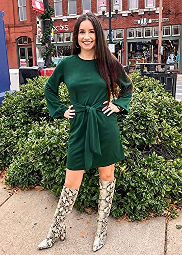 ParGrace Elegant Long Lantern Sleeve Short Dress Crewneck Tie Waist Knit Cocktail Dress