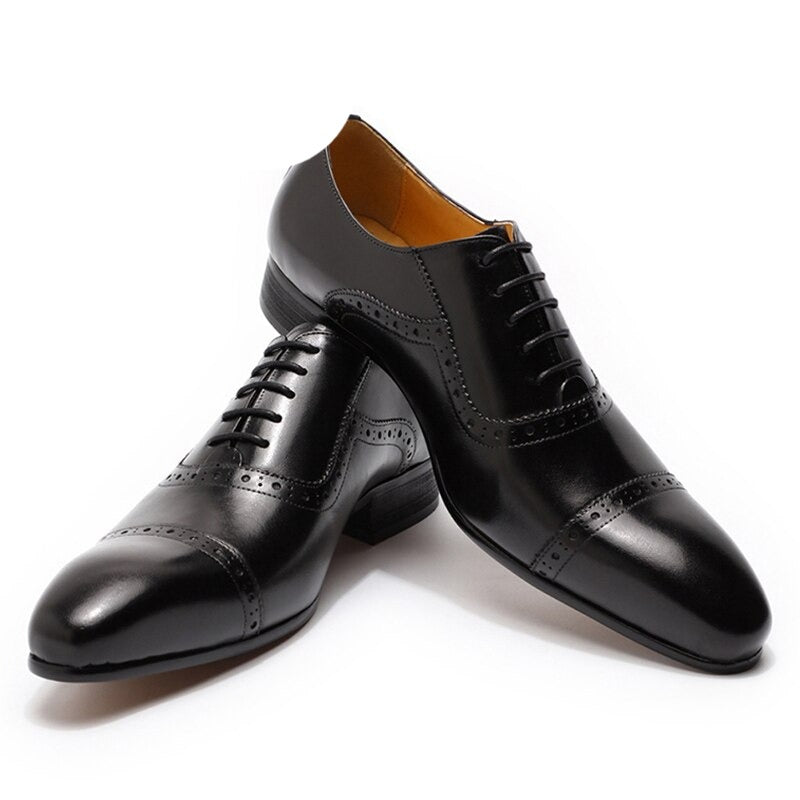 Black Pointed Cap Toe Lace Up Oxford Genuine Leather