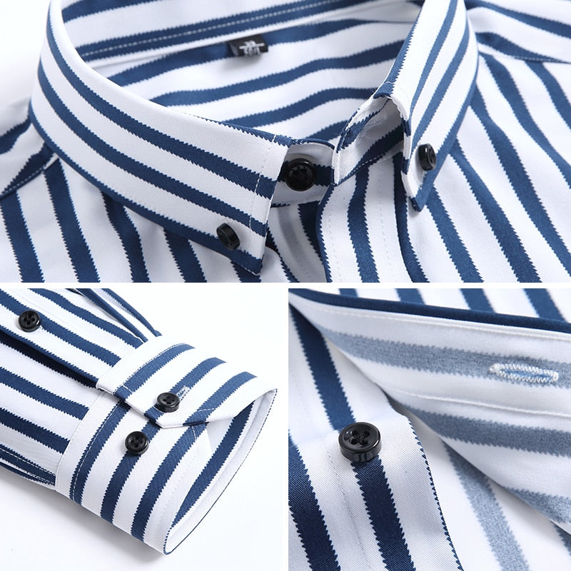 Slight Strech Soft Striped Dress Shirts Without Pocket Long Sleeve