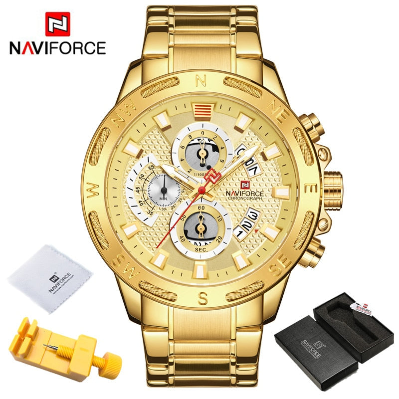 NAVIFORCE Sport Waterproof  Watches Stainless Steel Fashion Luxury Gold Watch