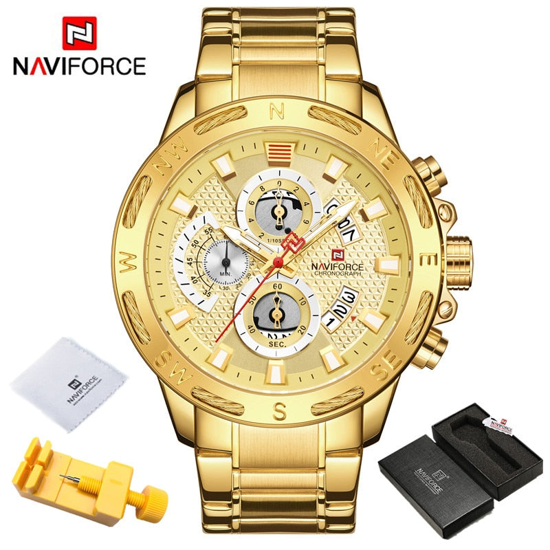 NAVIFORCE Sport Waterproof  Watches Stainless Steel Fashion Luxury Gold Watch