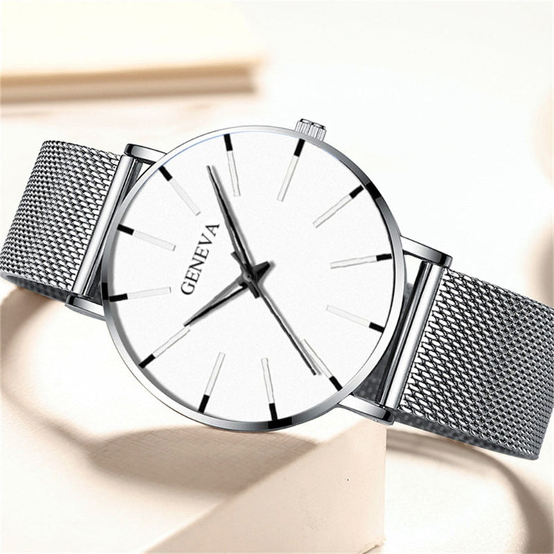 ParGrace Minimalist Ultra Thin Watches Stainless Steel Mesh Belt Quartz Watch