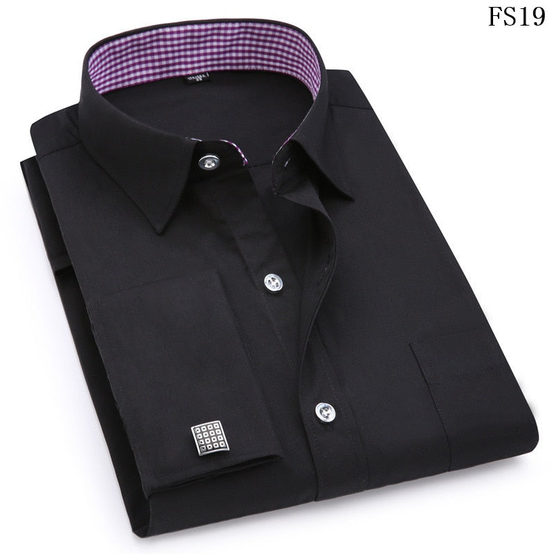 ParGrace French Cufflinks Shirts  Design Solid Color Jacquard Fabric