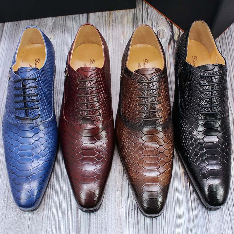 ParGrace Luxury Men Leather Shoes Snake Skin Print Pointed Toe Lace Up Oxford