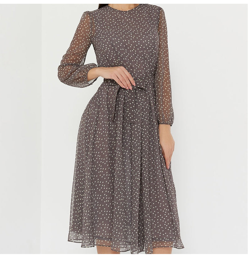 ParGrace  Long Sleeve Polka Dress O Neck Chiffon A Line