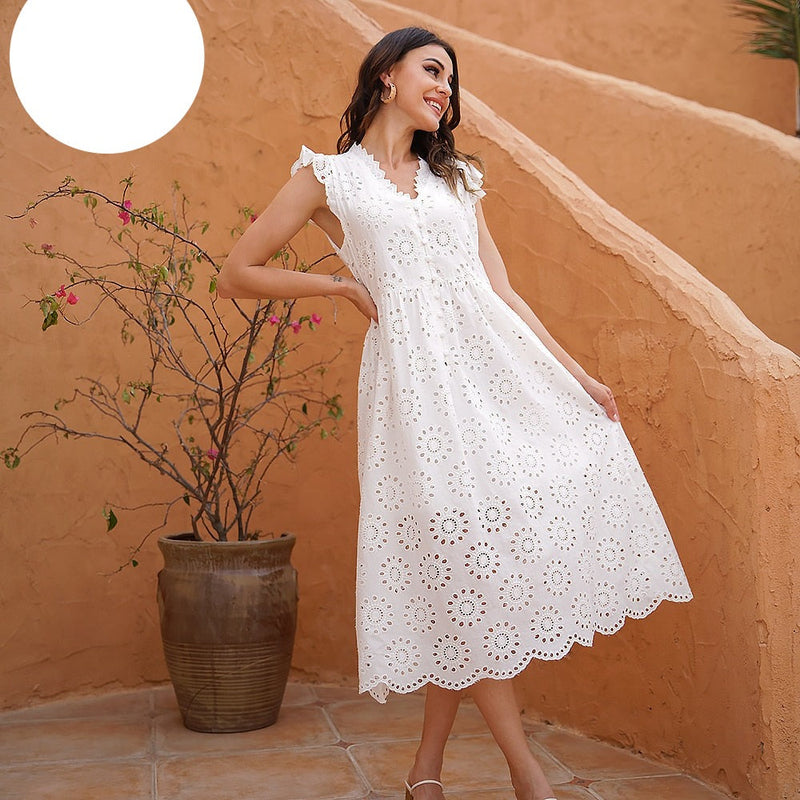 ParGrace Solid Hollow Out Pure Cotton fashion White dress