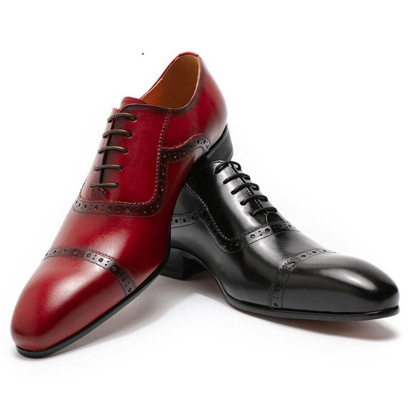 Black Pointed Cap Toe Lace Up Oxford Genuine Leather
