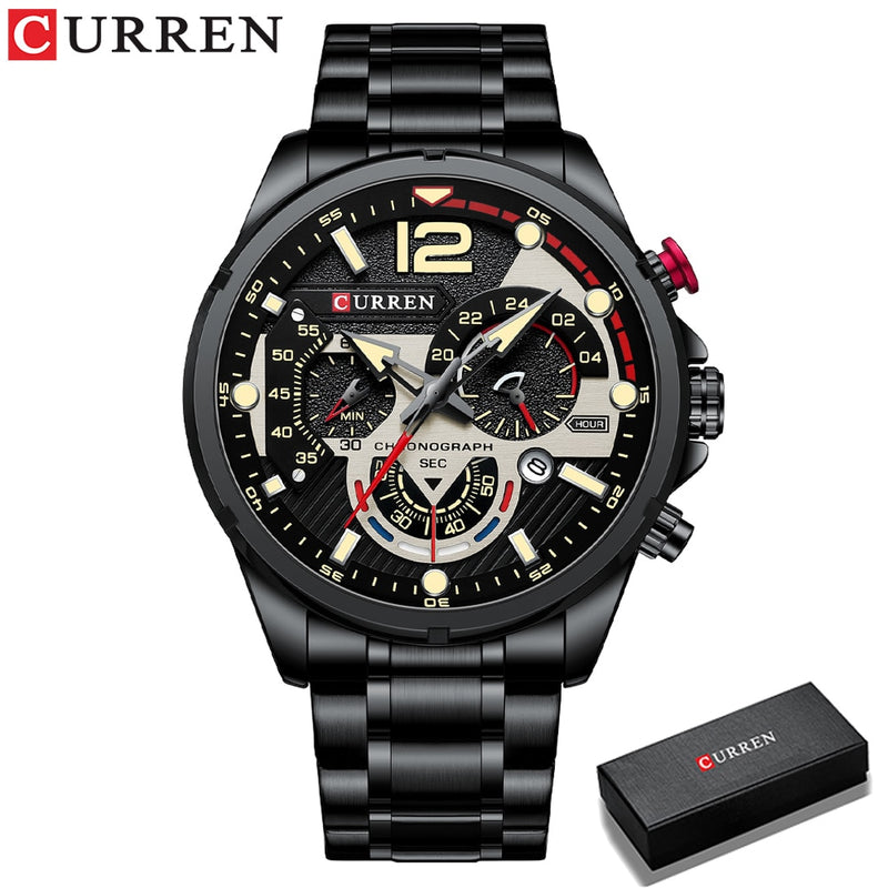 CURREN  Sport Quartz Chronograph Wristwatches Luxury Stainless Steel Clock with Luminous