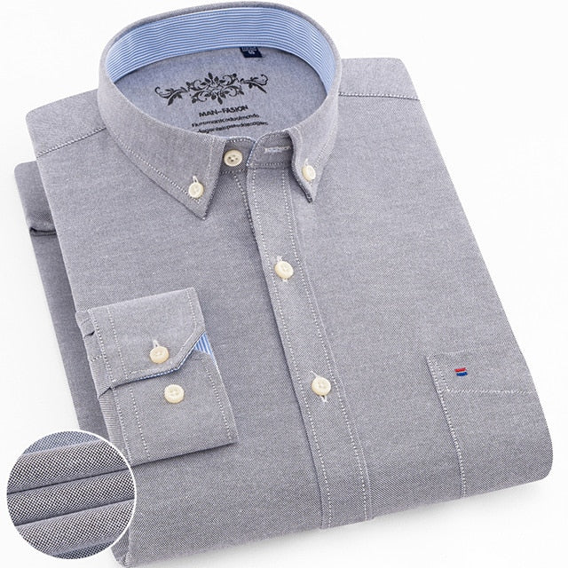 Regular-Fit Long-Sleeve Sturdy Knit Oxford Tops Shirt Plaid Striped Embroidered Pocket