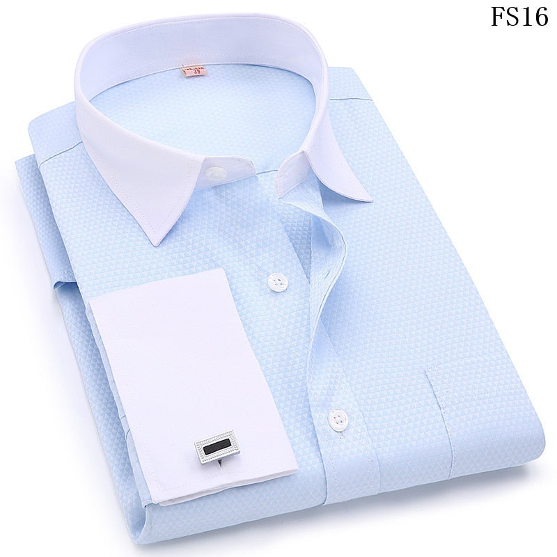 ParGrace French Cufflinks Shirts  Design Solid Color Jacquard Fabric
