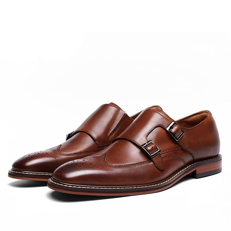 ParGrace Monk Strap Slip on Genuine Leather  Brogue Shoes  with Buckle