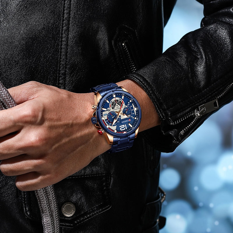 CURREN  Sport Quartz Chronograph Wristwatches Luxury Stainless Steel Clock with Luminous