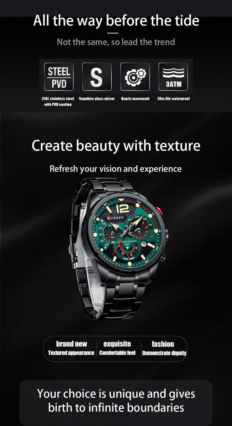CURREN  Sport Quartz Chronograph Wristwatches Luxury Stainless Steel Clock with Luminous