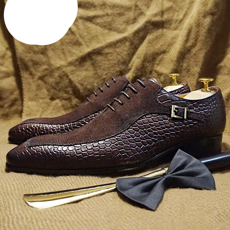 Celeo Oxford Shoes Lace up Split Toe Suede Patchwork Crocodile prints Leather